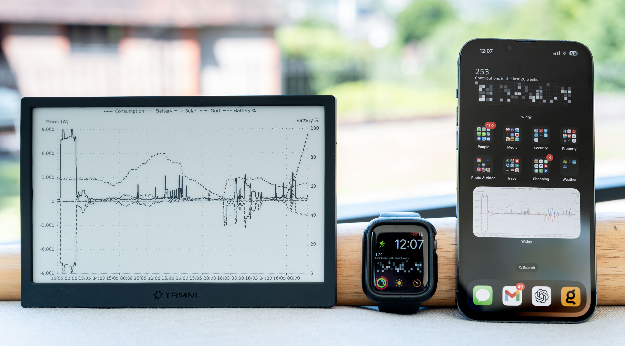 TRMNL, Apple Watch and iPhone displaying Rigs being generated by Slipway
